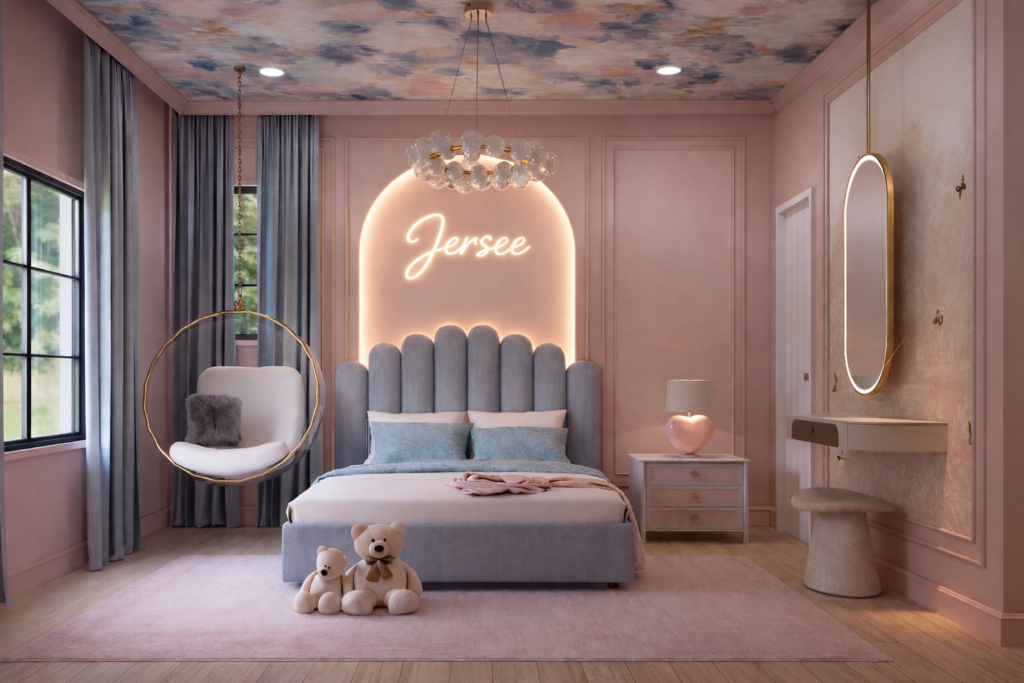 A pink and blue girls' bedroom featuring a custom illuminated name sign, scalloped headboard, and hanging bubble chair.