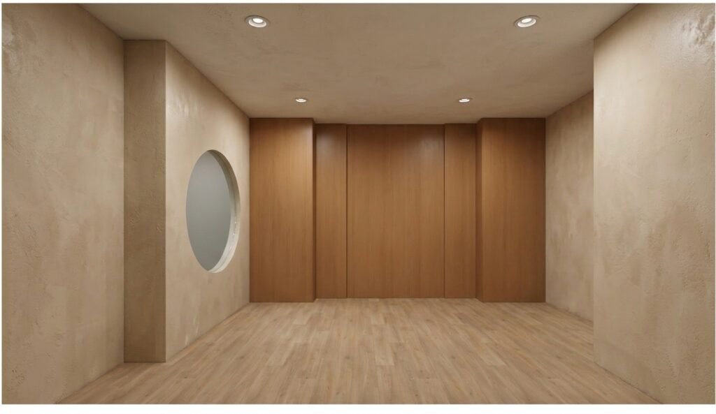 A built-in closet space finished with warm wood paneling and a round frameless mirror, part of a custom Houston home remodel.