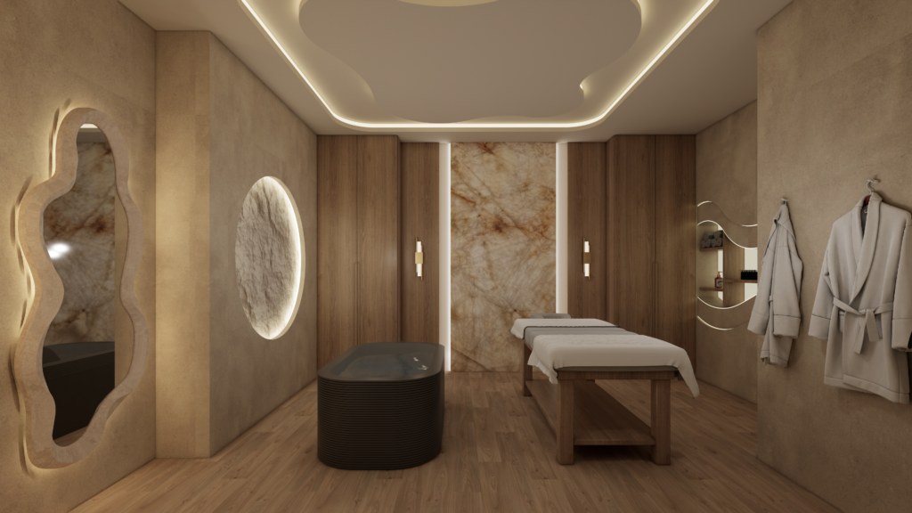 : A dedicated spa and wellness room featuring a dramatic marble accent wall and ambient cove lighting.