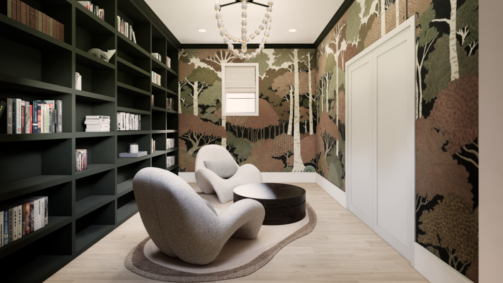 A cozy reading nook featuring floor-to-ceiling built-in bookshelves and a patterned ceiling accent.